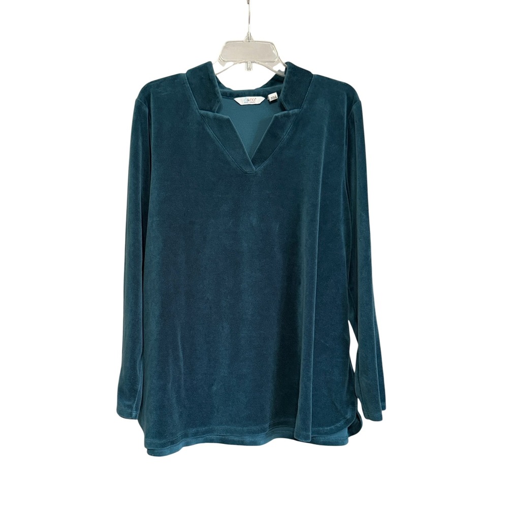 Denim & Co Teal Velour Notch Neck Tunic Top XL Relaxed‎ Fit Pullover Fall Cozy
